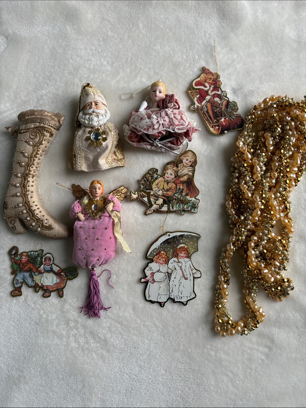 Victorian theme Holiday ornament Lot Diecut, Garland, Angel, Santa